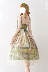 Green [Oil Painting – Spring] Sleeveless Print Ruffle Bowknot Lace Sweet Lolita Jsk Dress - Product - 2
