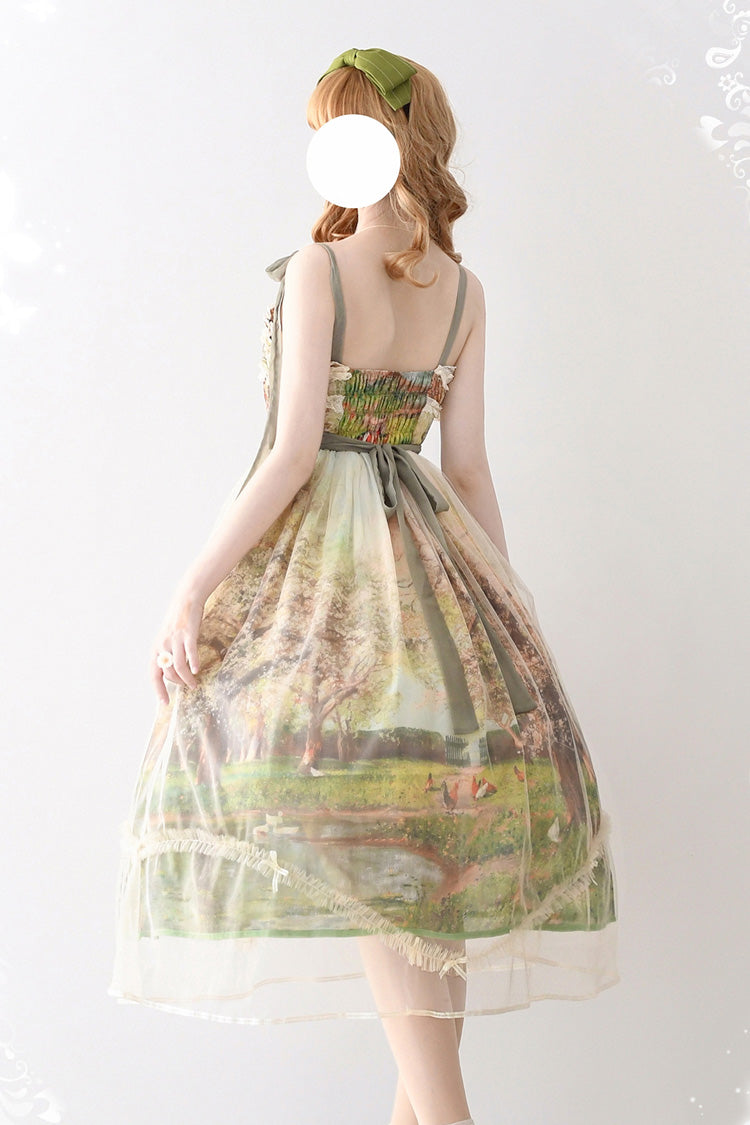 Green [Oil Painting – Spring] Sleeveless Print Ruffle Bowknot Lace Sweet Lolita Jsk Dress - Product - 2