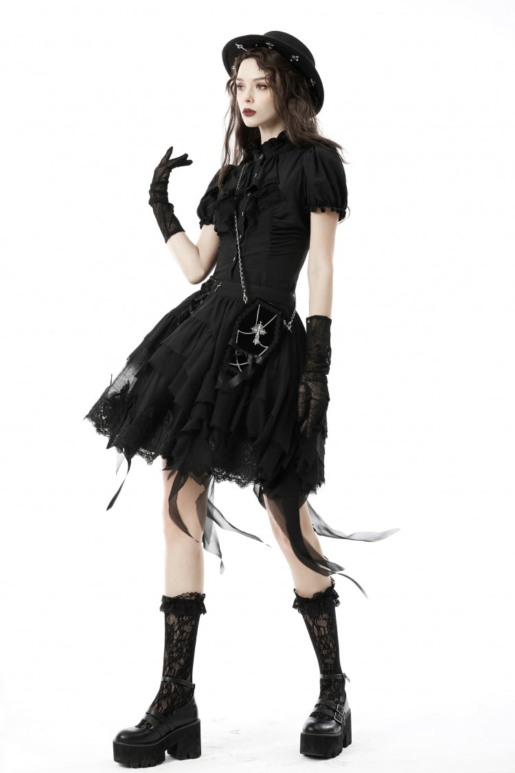 Black Ruffled Stand Collar Lace Jabot Short Puff Sleeves Front Button‑Up Lace-Up Women's Gothic Blouse - Product - 4