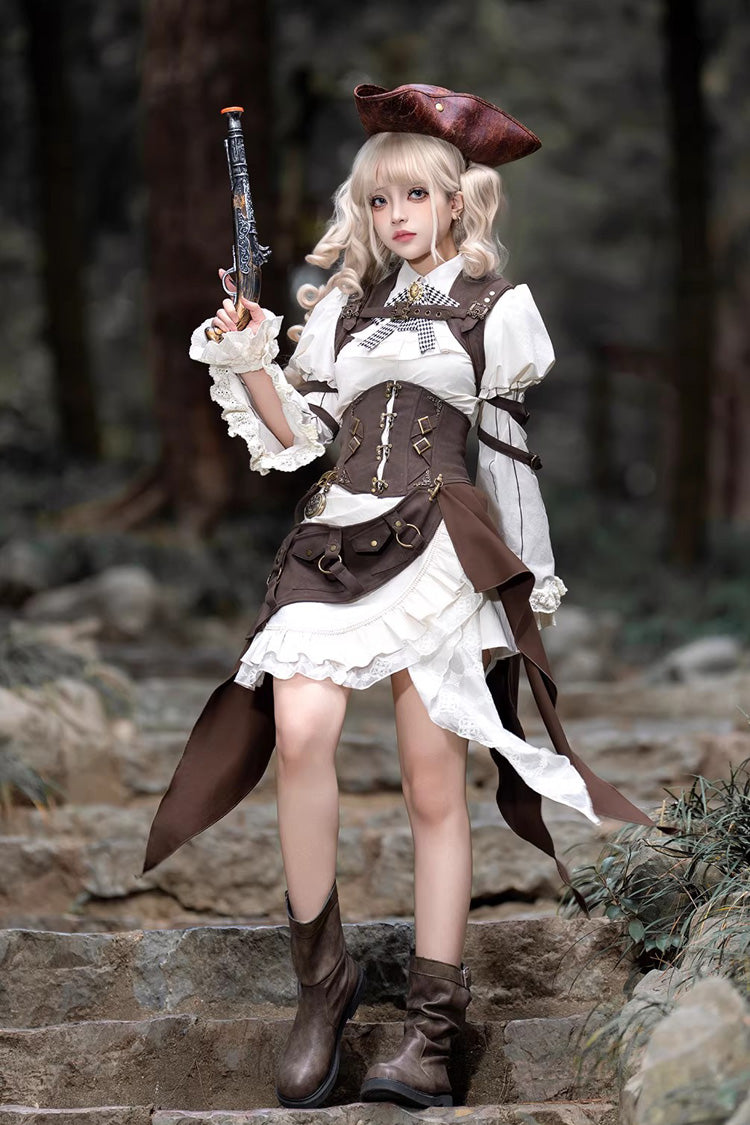 White/Brown [Time Capsule Pirate Style] Long Sleeves Ruffled Irregular Gothic Vintage Elegant Lolita Skirt Set - Product - 9