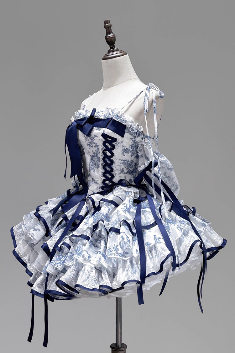 Blue/White Sleeveless Multi-Layered Print Bowknot Fishbone Sweet Classic Chinese Style Lolita Jsk Short Dress - Product - 3