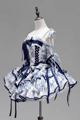 Blue/White Sleeveless Multi-Layered Print Bowknot Fishbone Sweet Classic Chinese Style Lolita Jsk Short Dress - Product - 3