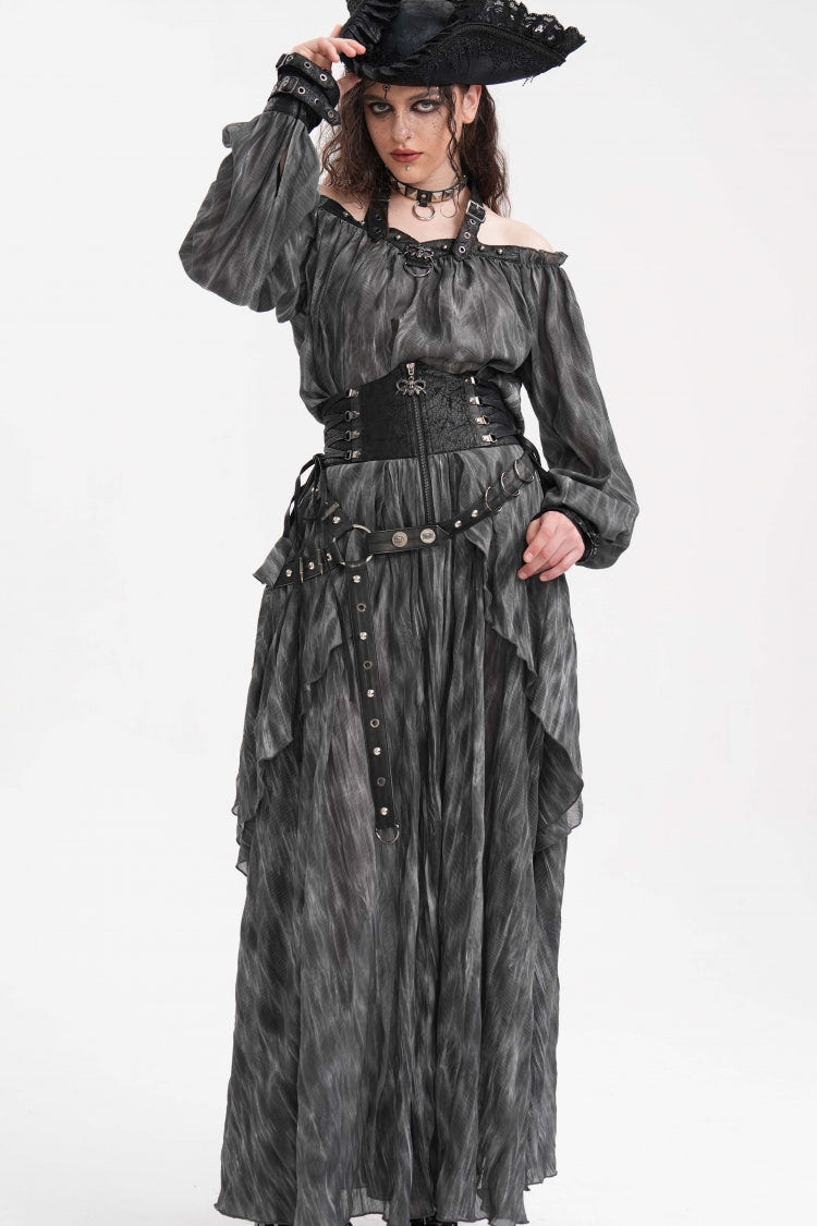Black Ruffle Lace-Up Women's Gothic Eyelets Rivets Long Skirt - Product - 5