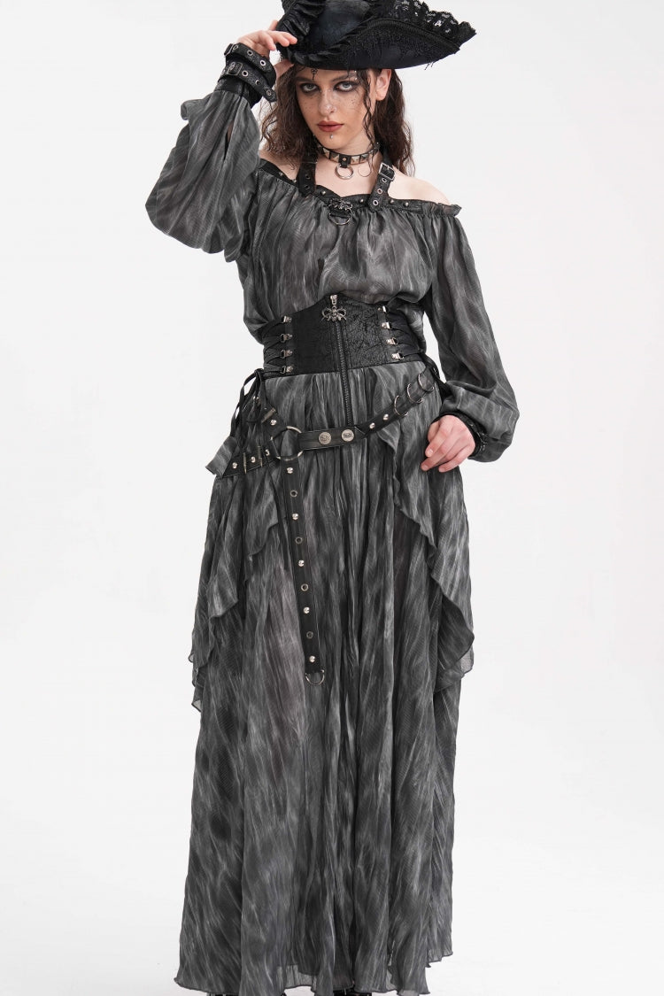 Black Ruffle Lace-Up Women's Gothic Eyelets Rivets Long Skirt - Product - 5
