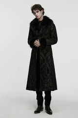Black Fuax Fur Collar Long Sleeves Jacquard Zipper Men's Gothic Coat - Product - 4