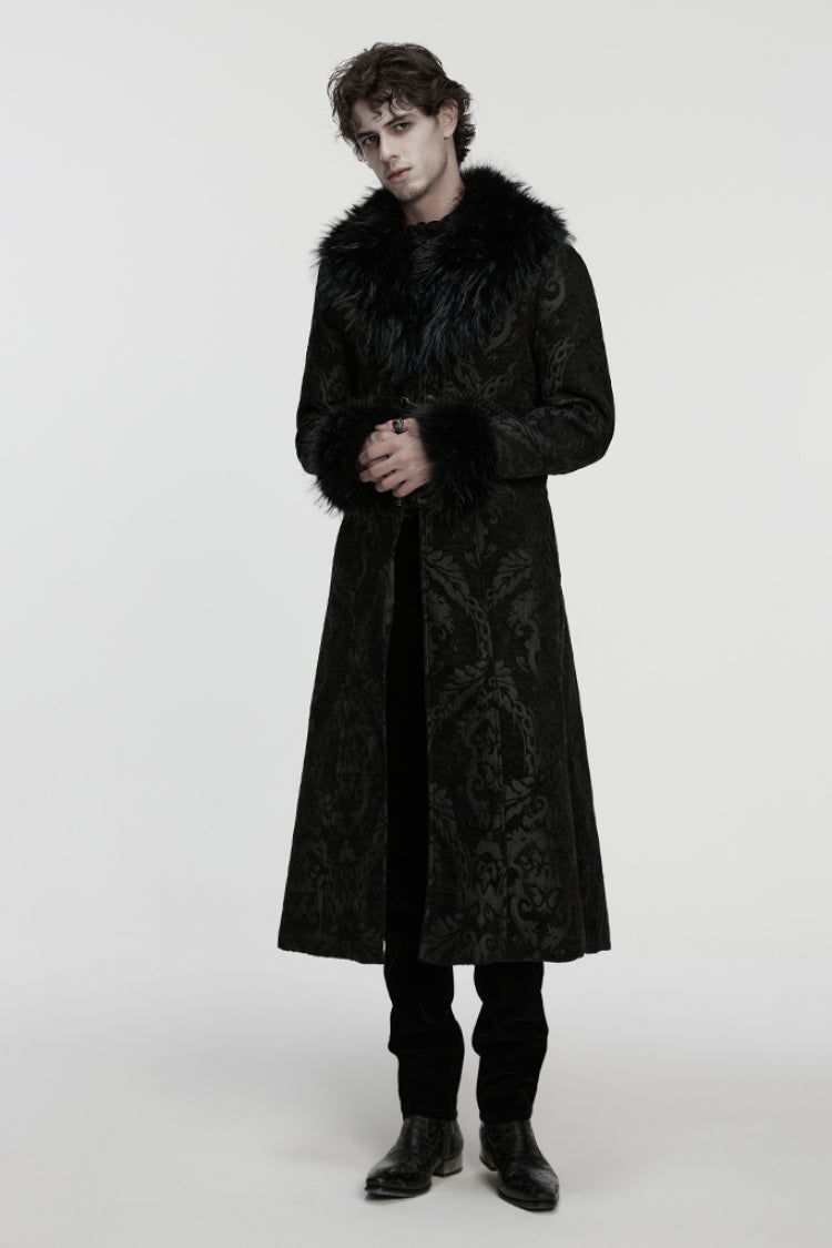 Black Fuax Fur Collar Long Sleeves Jacquard Zipper Men's Gothic Coat - Product - 4