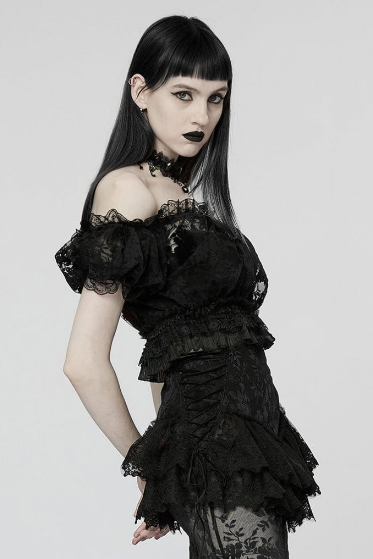 Off Shoulder Ruffle Stitching Lace Sheer Womens Gothic T-Shirt 2 Colors - Product - 2