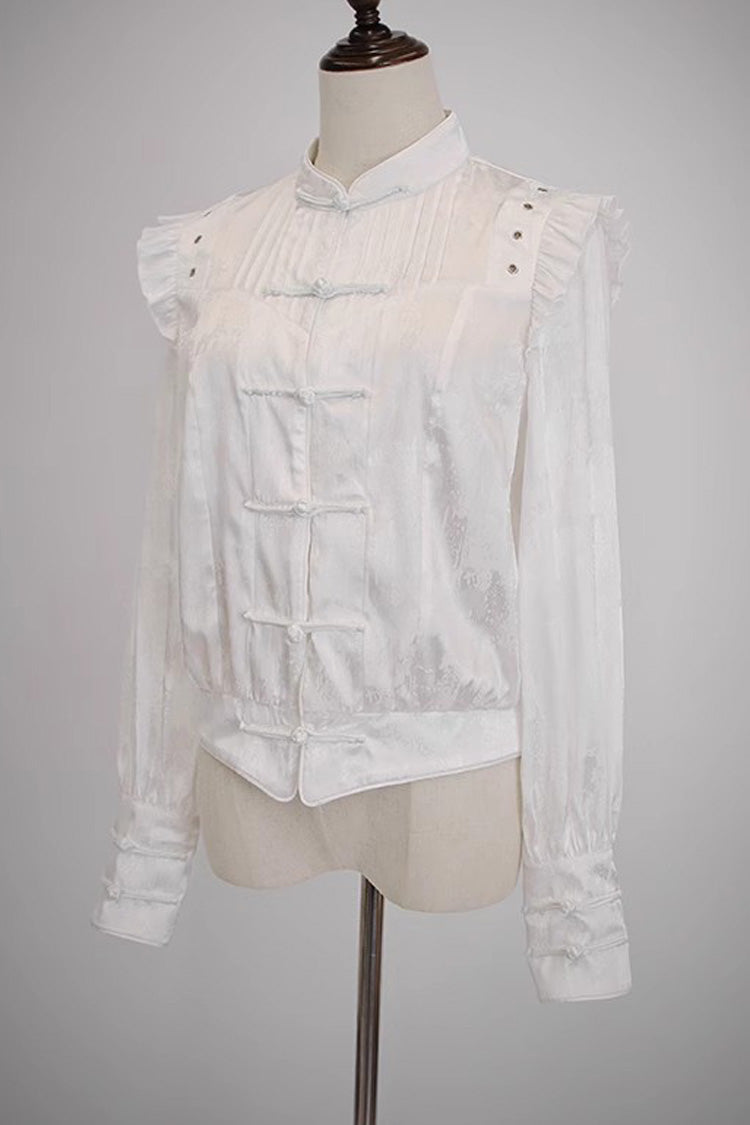 [Bone Dragon] Stand Collar Long Sleeves Ruffle Embroidery Ouji Fashion Classic Lolita Blouse 3 Colors - Product - 12
