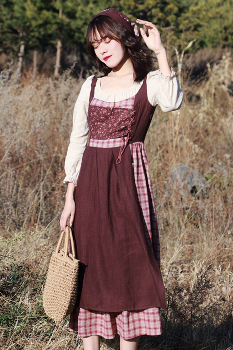 Brown French Retro Pastoral Style Long Sleeves Stitching Plaid Crinkle Sweet Lolita OP Dress (Headkerchief is included) - Product - 3