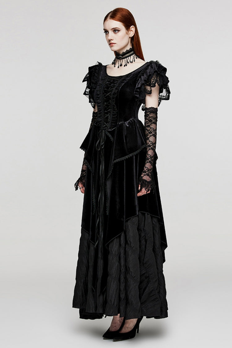 Black V Collar Ruffle Lace Women's Gothic Dress with Oversleeves - Product - 2