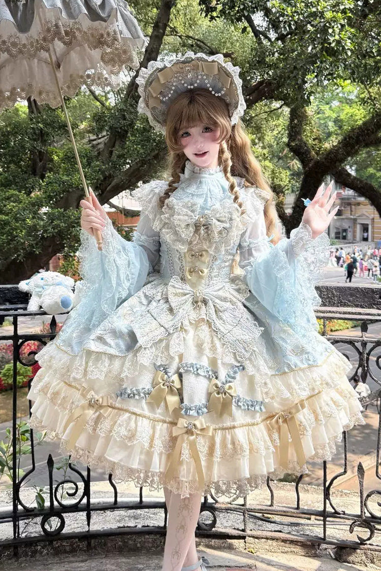 Blue [Gilded Waltz] Square Collar Sleeveless Printed Ruffled Embroidered Bow Lace Gorgeous Sweet Lolita Jsk Dress - Blue - 1