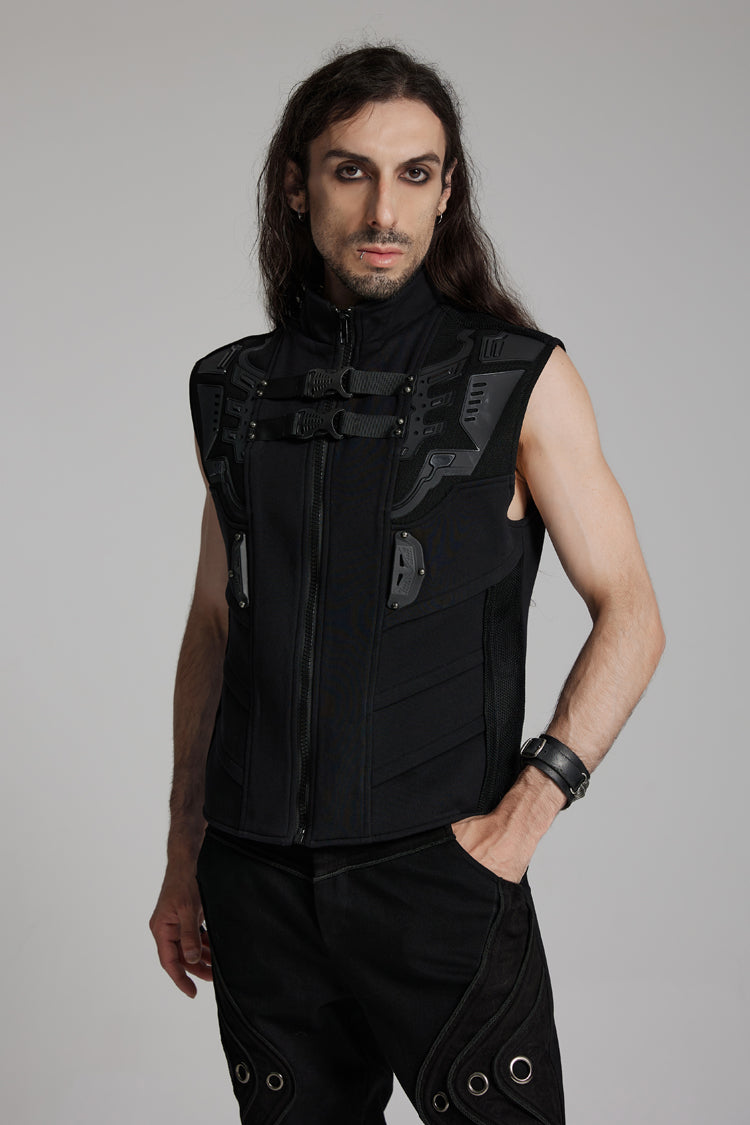 Black Sleeveless Bucke-up Zip Men's Punk Vest - Product - 2