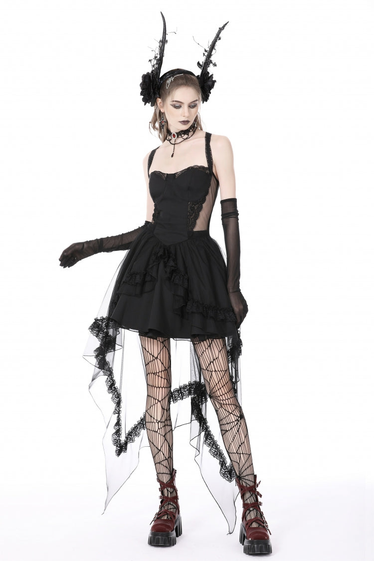Black Sleeveless Lace-Up Layered Swallowtail Lace Women's Gothic Wedding Dress - Product - 8