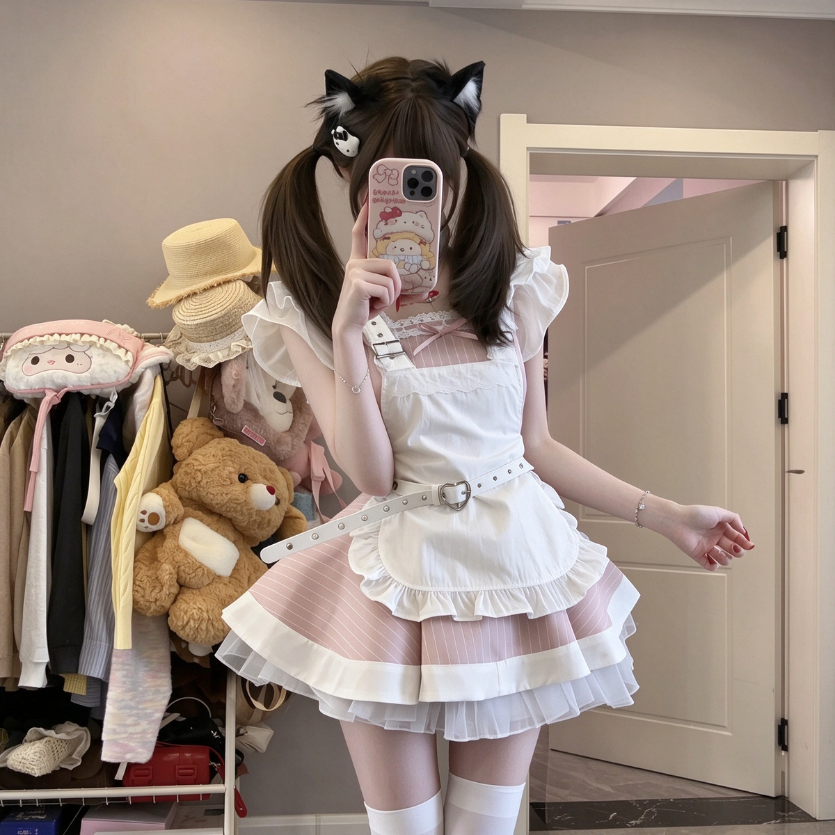 Black and White Striped Ruffled Lolita Dress with Belt Accent 商品画像