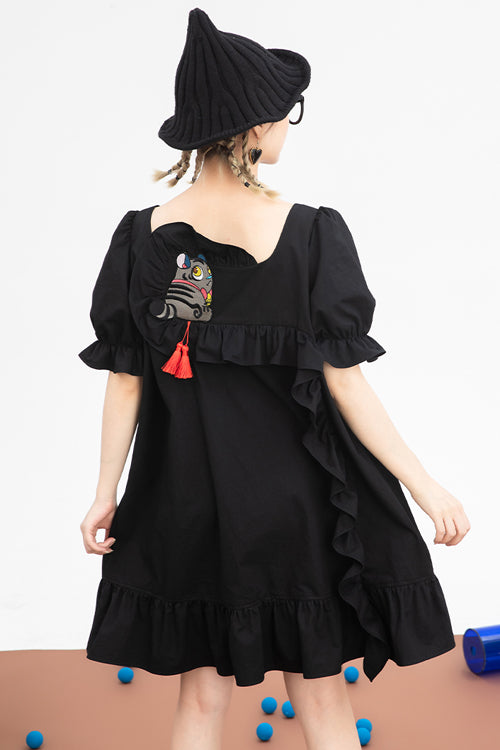 Black Ruffled Square Collar Cute Tiger Embroidered Bubble Short Sleeves High Waisted Sweet Lolita Dress - Product - 9