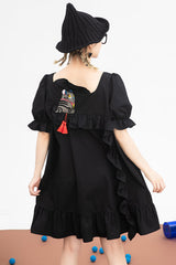 Black Ruffled Square Collar Cute Tiger Embroidered Bubble Short Sleeves High Waisted Sweet Lolita Dress - Product - 9