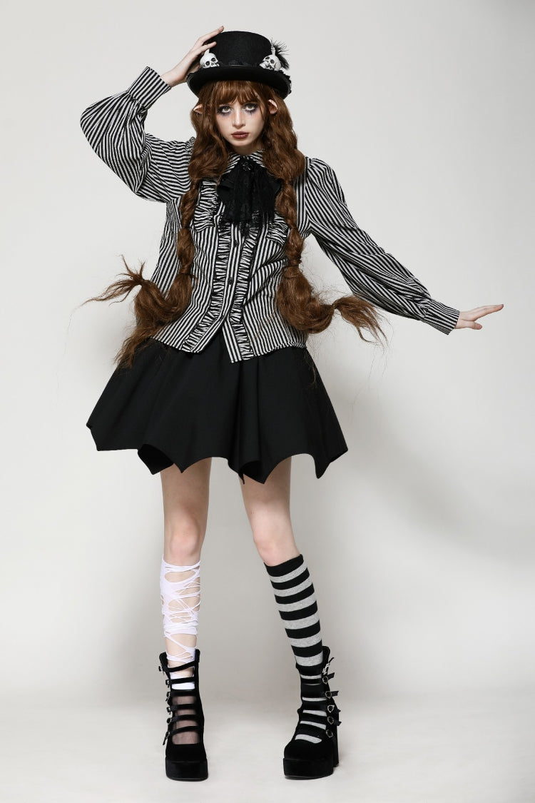 Black/White Skull Lace Jabot Striped Lapel Collar Long Sleeves Ruffled Women's Lolita Gothic Blouse - Product - 6