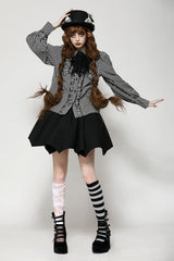 Black/White Skull Lace Jabot Striped Lapel Collar Long Sleeves Ruffled Women's Lolita Gothic Blouse - Product - 6