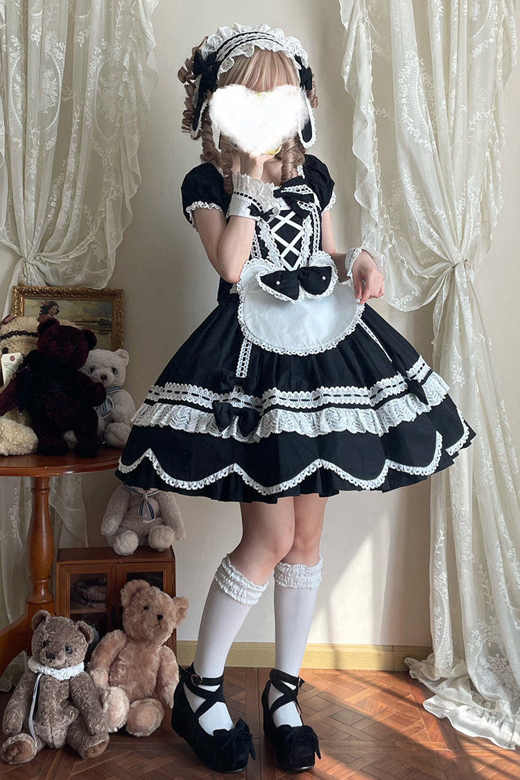 Black [Petal Bunny] Cotton Square Collar Short Sleeves Double-Layered Ruffled Bow Lace Lace-Up Sweet Lolita Dress - Product - 12