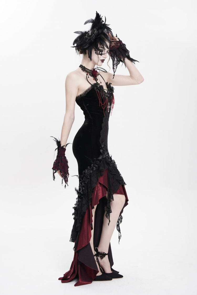 Black/Red Sleeveless Cross Ruffled Floral Embroidered Chain-Decorated Women's Gothic Long Slip Dress - Product - 9