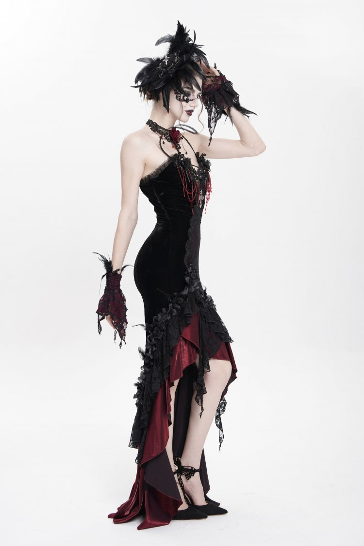 Black/Red Sleeveless Cross Ruffled Floral Embroidered Chain-Decorated Women's Gothic Long Slip Dress - Product - 9