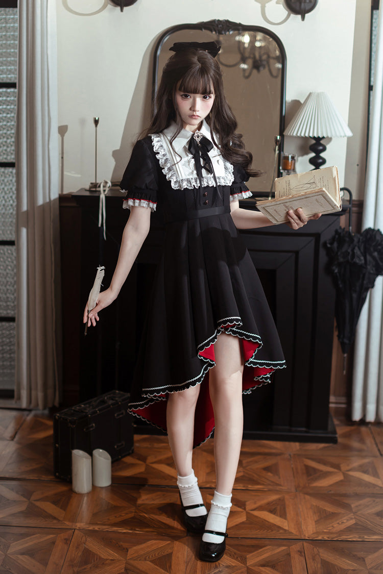 Black/White [Rosalind] Lapel Collar Short Sleeves Bow Lace Gothic Maid Lolita Dress - Product - 4