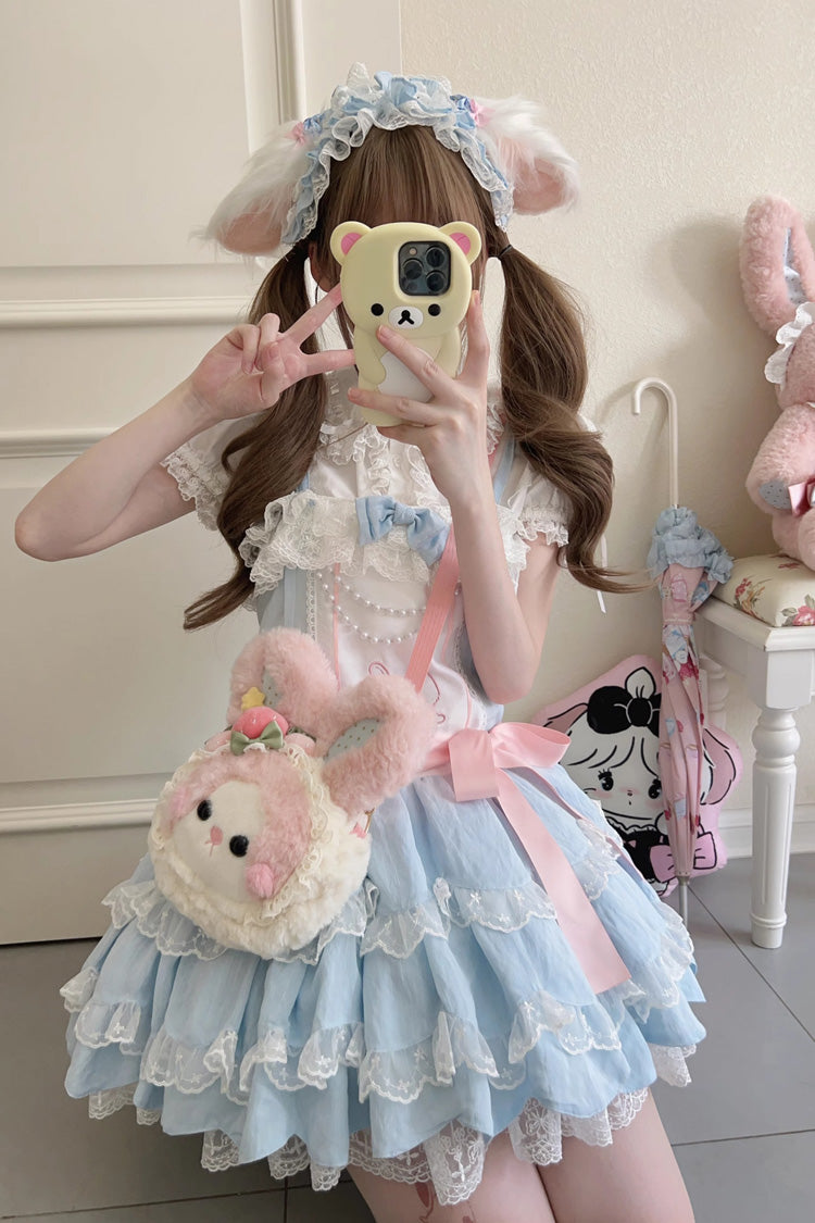 Blau, ärmellos, doppellagig, mit Rüschen, Kaninchen-Stickerei, Schleife, Spitze, süß (Kleid einzeln), Detailansicht 6