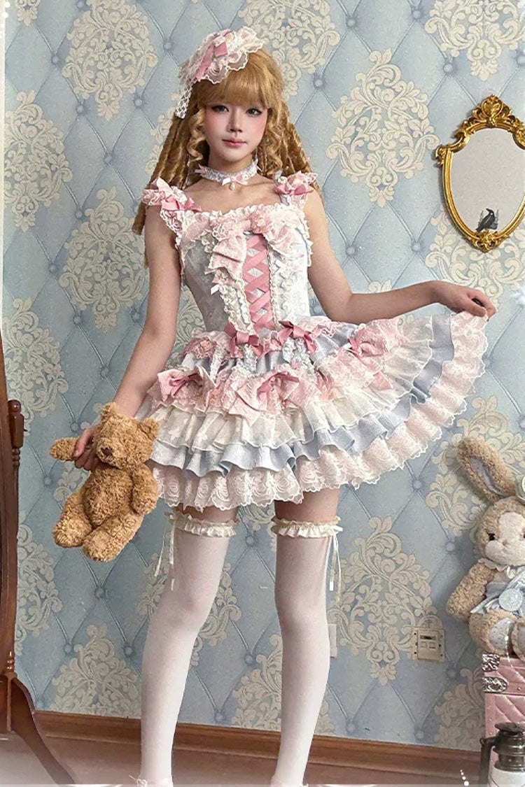 Blue/Pink [Honey Sweet Tart] Square Collar Sleeveless Multi-Layered Jacquard Ruffled Bow Lace Lace-Up Lolita Jsk Dress - Product - 14