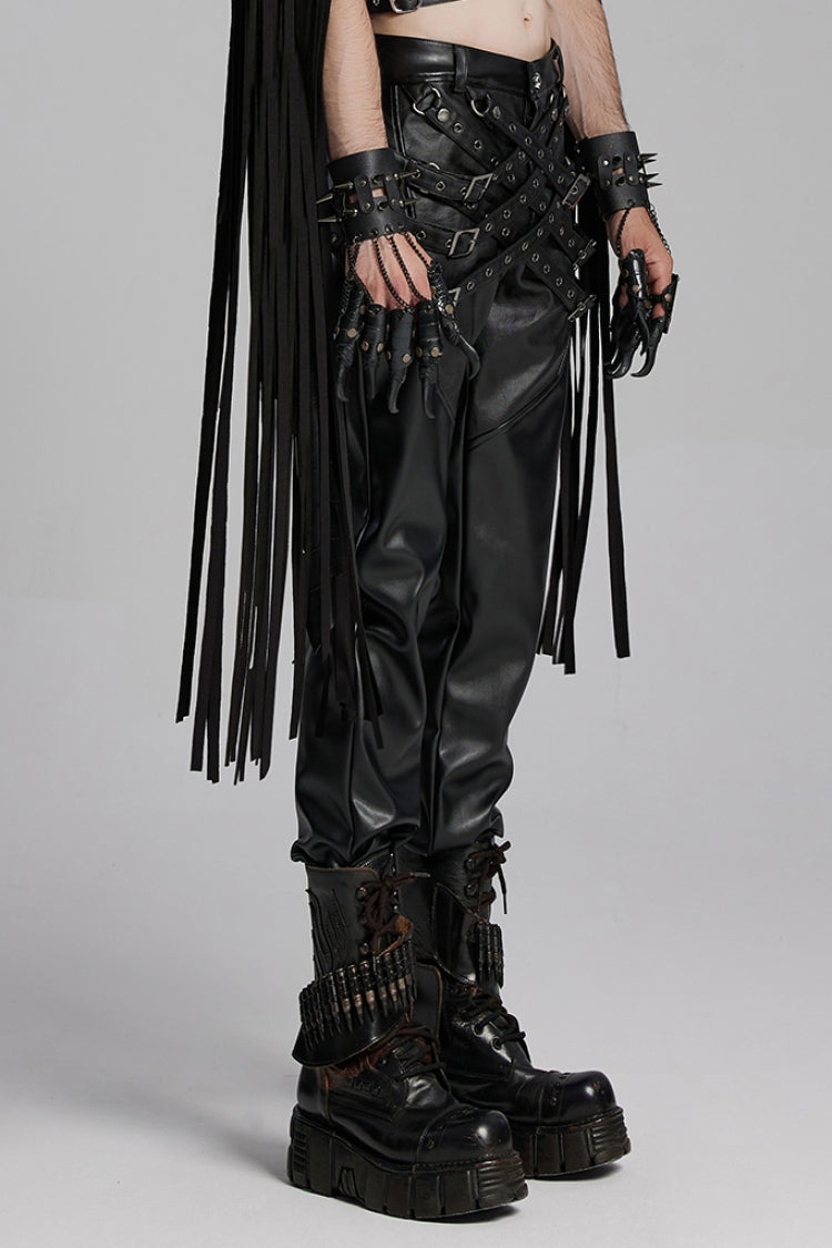 Black Mesh Buckle Strap Men's Punk Pants - Product - 2