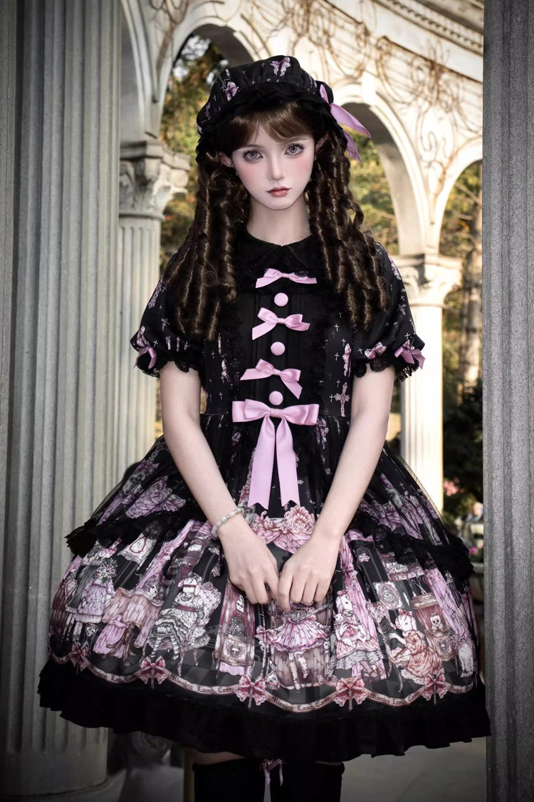 Black [The Case of the Missing Lamb] Print Long Sleeves Ruffle Bowknot Lace Gothic Lolita Dress - Black - 1