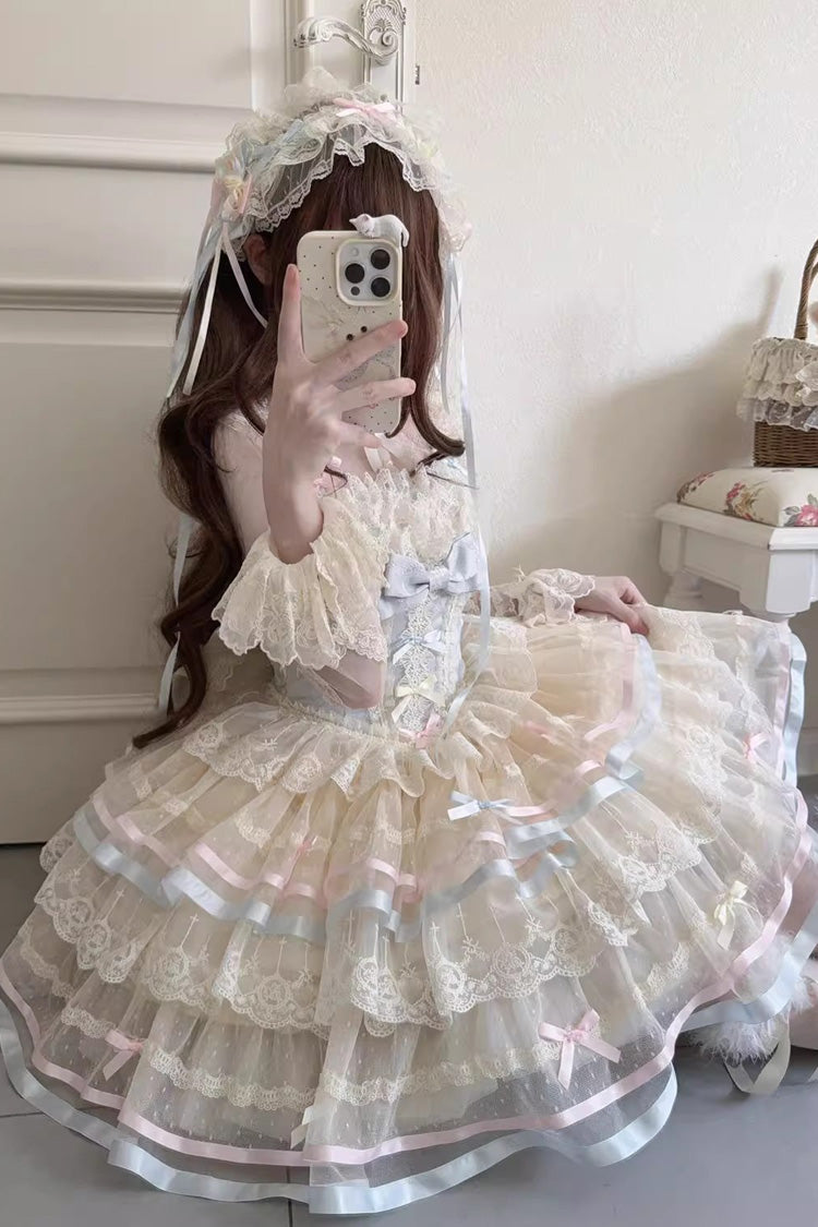 Blue [Butterfly Heart Ballet] Triple-Layered Ruffle Bowknot Lace Sweet Ballet Lolita Jsk Dress - Product - 6