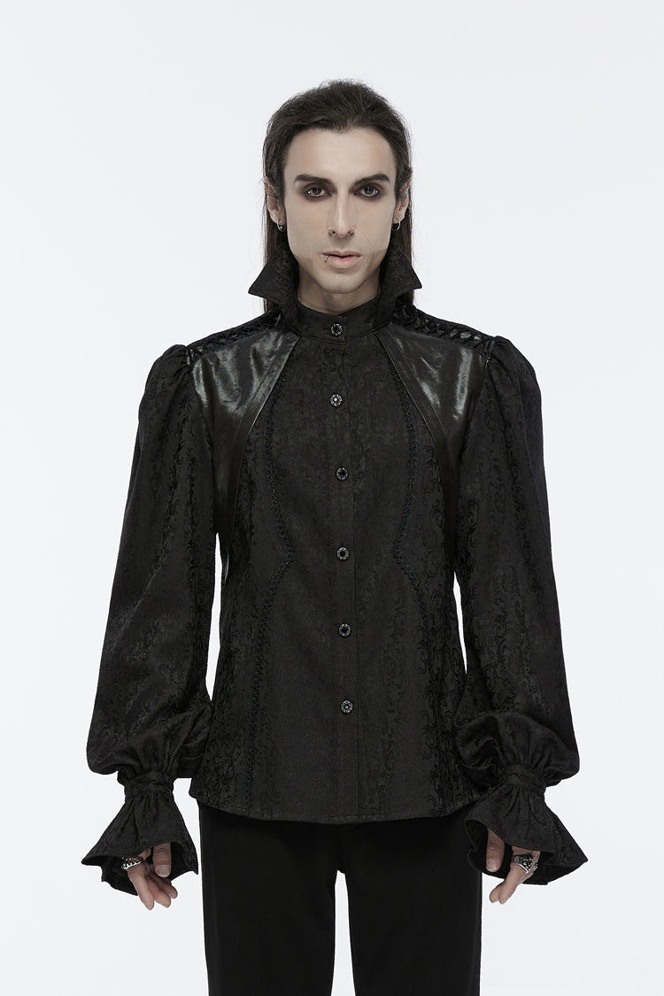 Black Long Puff Sleeves Lace-Up Men's Gothic Blouse - Black - 1