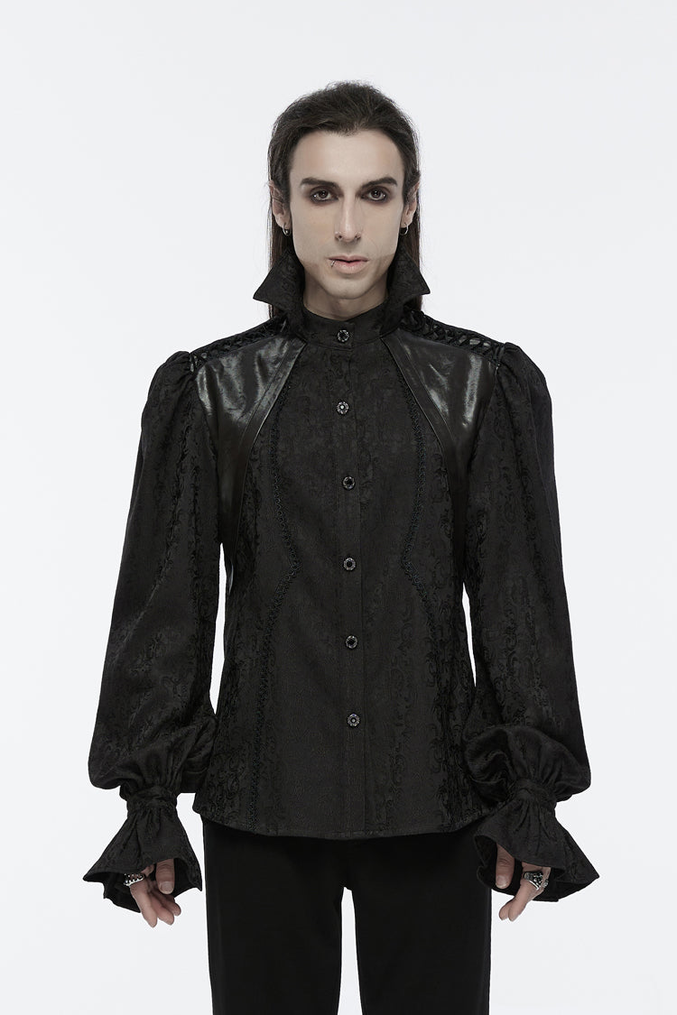 Black Long Puff Sleeves Lace-Up Men's Gothic Blouse - Black - 1