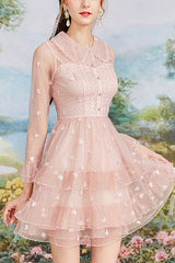 Pink Vintage French Doll Collar Ruffled Long Sleeves Mesh Embroidered Sweet Lolita OP Dress - Pink - 1