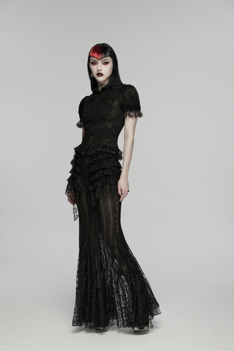 Black Lapel Collar Short Puff Sleeves Cut-Out Lace Lace-Up Slim Women's Gothic Blouse - Product - 7