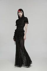 Black Lapel Collar Short Puff Sleeves Cut-Out Lace Lace-Up Slim Women's Gothic Blouse - Product - 7