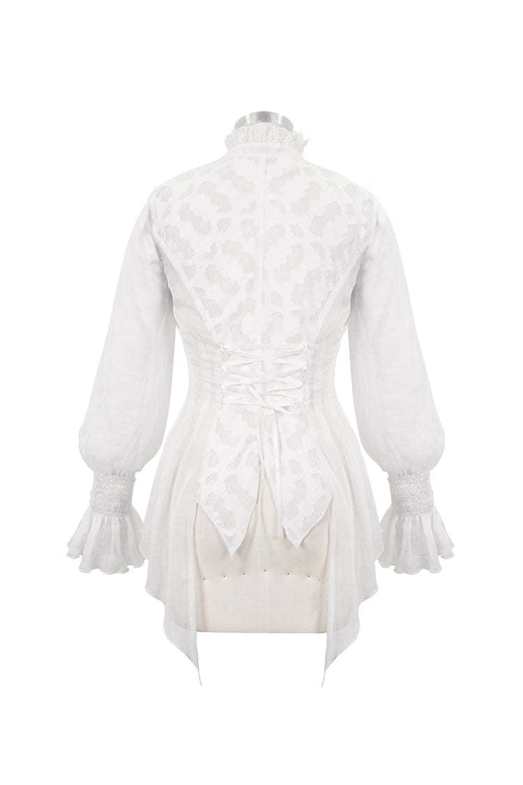 White Chiffon High Collar Front Flare Cuff Back Waist Lace Up Women's Gothic Blouse - Product - 7