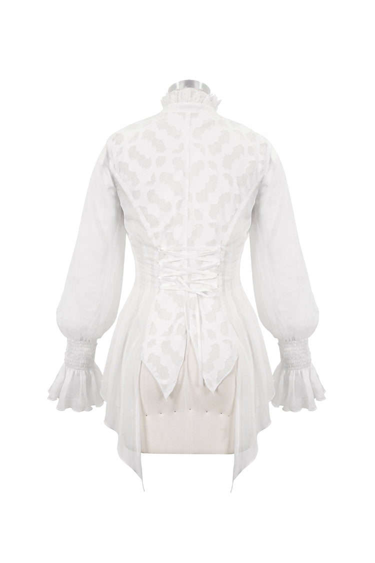 White Chiffon High Collar Front Flare Cuff Back Waist Lace Up Women's Gothic Blouse - Product - 7