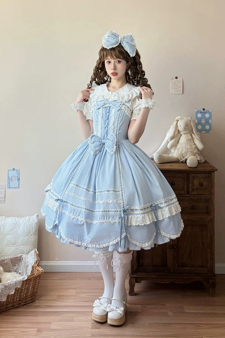 Blue [Petal Bunny] Cotton Sleeveless Ruffled Bow Lace Sweet Elegant Lolita Jsk Dress - Blue - 1