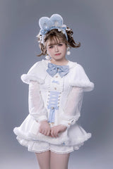 White Long Sleeves Ruffle Bowknot Lace-Up Japanese Jirai Kei Dress Shorts Plush Set - Product - 5