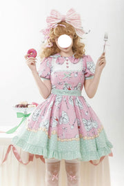 Roze/groene tea time donut, cake en beer print ruche zoet elegant (alleen jurk) vooraanzicht