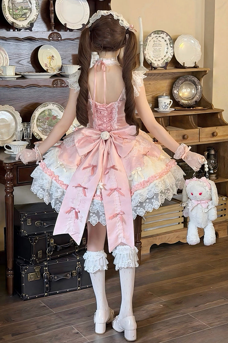 Pink [Rose Feather Romance] Square Collar Ruffled Bow Lace Ballet Sweet Lolita Jsk Dress - Product - 9
