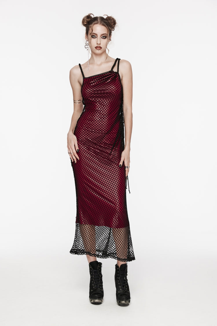 Red Off Shoulder Spliced Slim Mesh Strappy Eyelet Women's Gothic Jsk Dress - Product - 8