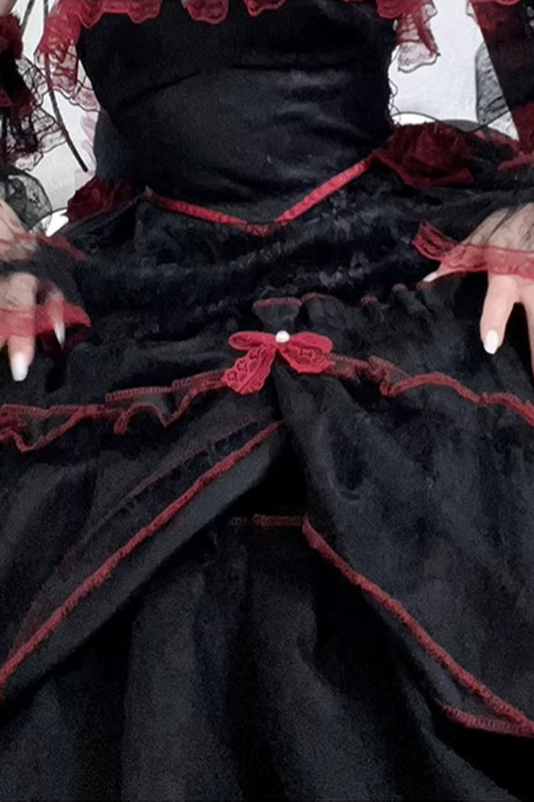Black/Red [Layered Poem] Halterneck Sleeveless Multi-Layered Jacquard Hanayome Bow Lace Gothic Lolita Dress - Product - 7