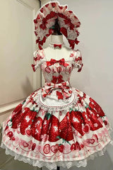[Dream to Strawberry] Print Short Sleeves Ruffle Bowknot Lace Sweet Lolita OP Dress 4 Colors - Ivory/Red - 6