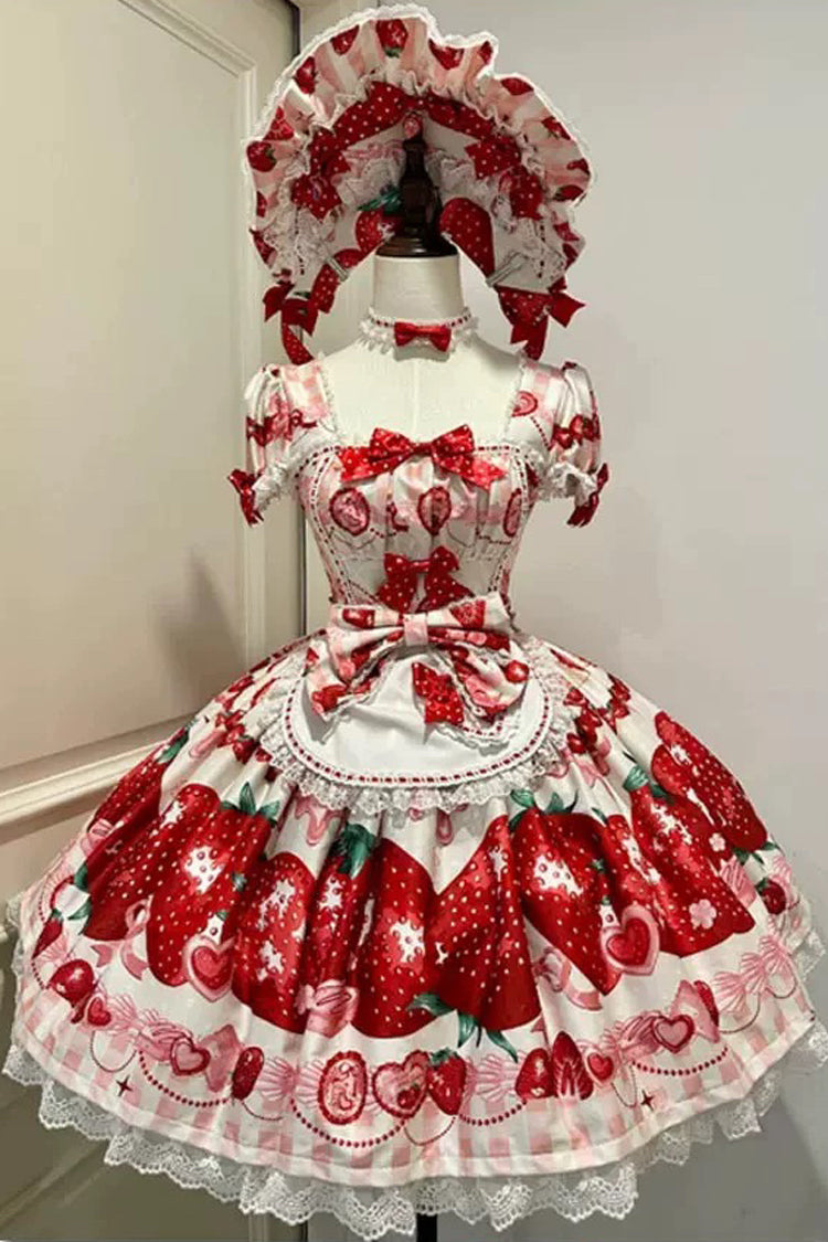 [Dream to Strawberry] Print Short Sleeves Ruffle Bowknot Lace Sweet Lolita OP Dress 4 Colors - Ivory/Red - 6