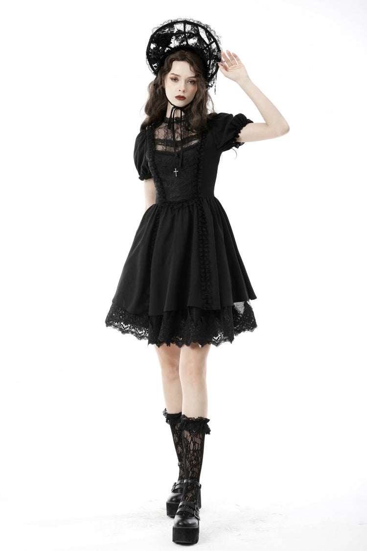 Black Tulle Lace Stand Collar Short Puff Sleeves Women's Lolita Gothic Doll Dress - Product - 9