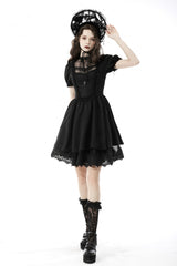 Black Tulle Lace Stand Collar Short Puff Sleeves Women's Lolita Gothic Doll Dress - Product - 9
