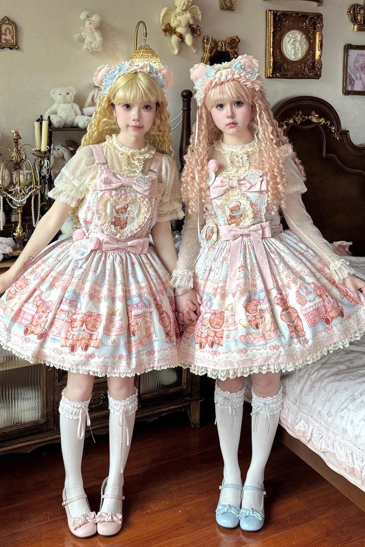 [Bear Anniversary Celebration] Sleeveless Printed Ruffled Bow Sweet Lolita Jsk Dress 2 Colors - Blue/Pink - 1