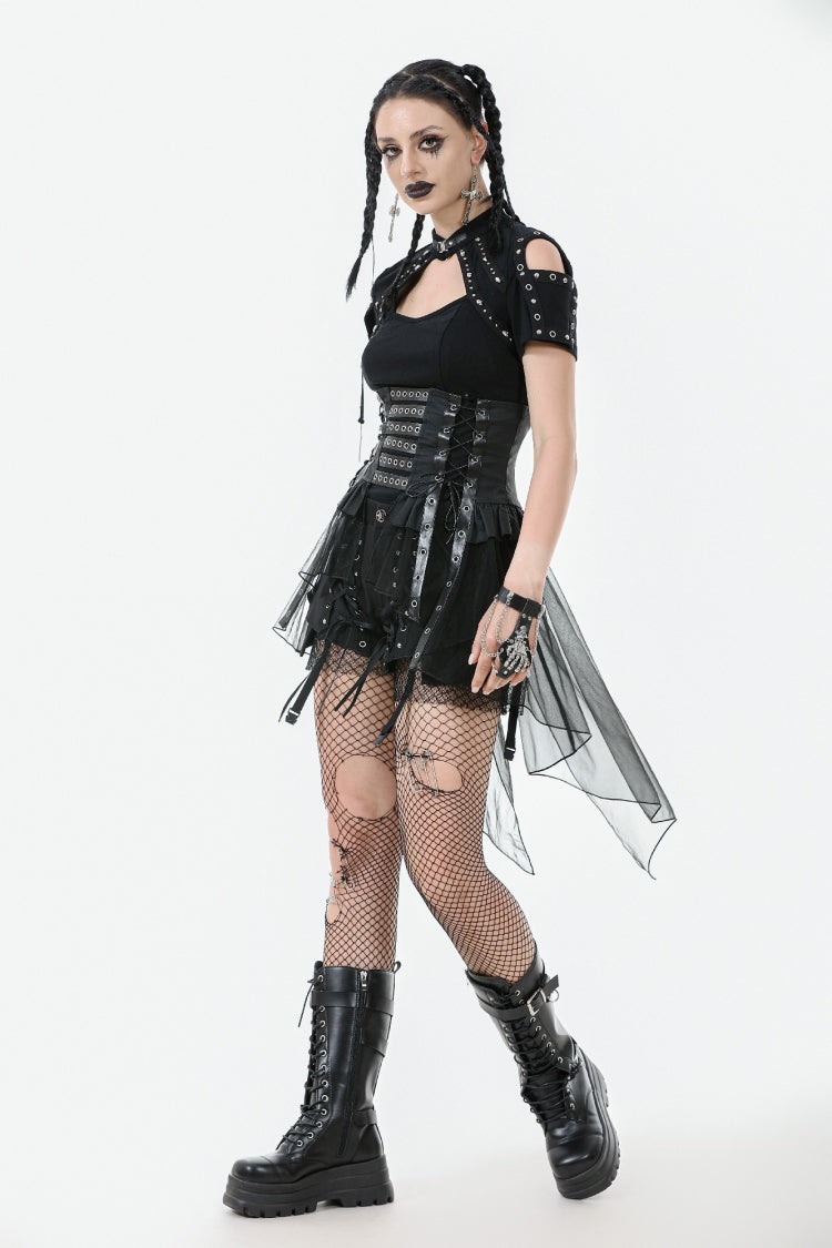 Black High Waisted Lace-Up High/low Mesh Women's Punk Skirt - Product - 6